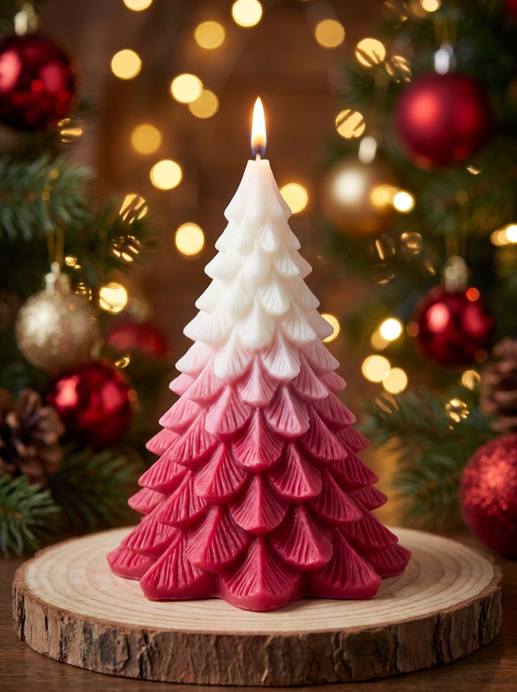 Vela navideña artesanal en forma de árbol con degradado